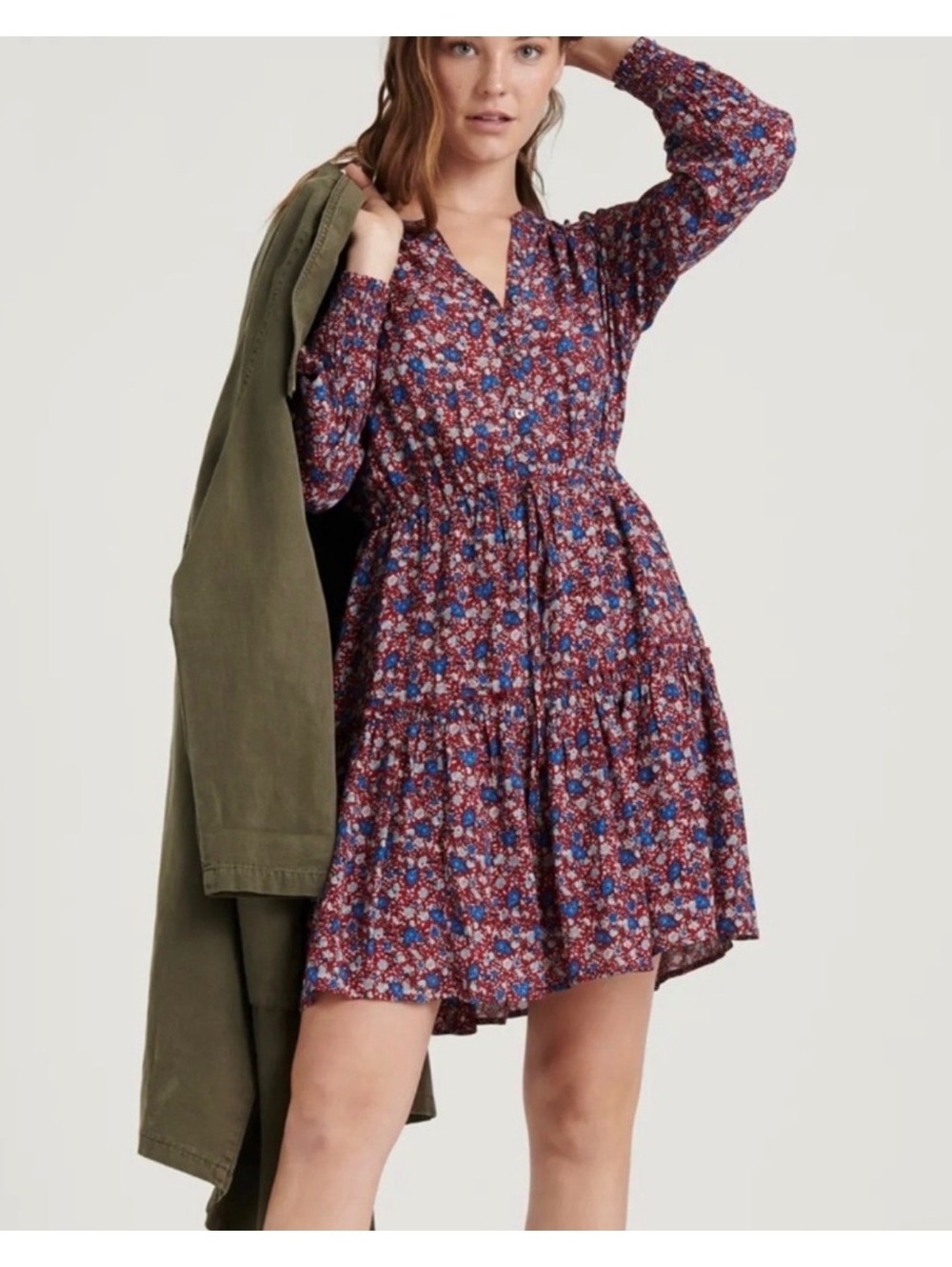 Lucky Brand Floral Mini Dress Burgundy Blue Boho Long Sleeve Size M